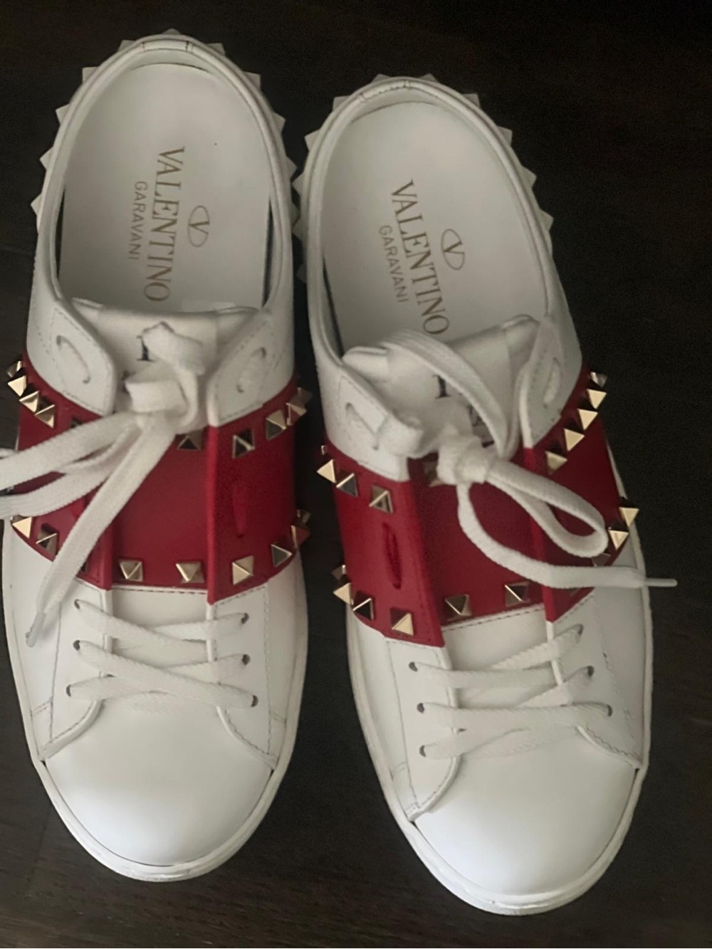 Valentino Garavani White Leather Sneakers with Red Studded Strap